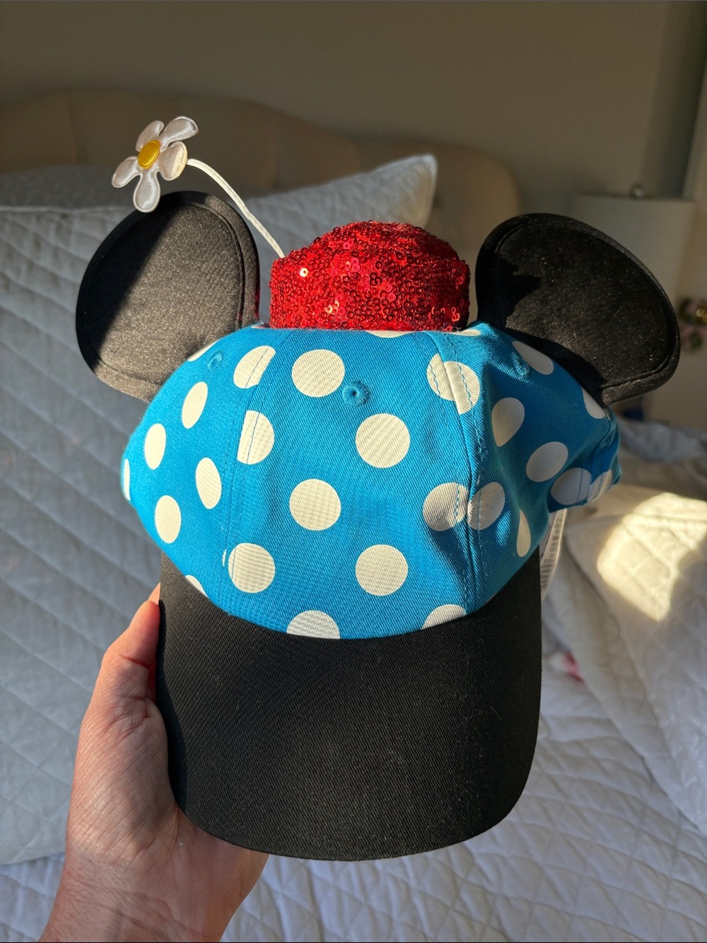 Disney Blue and White Polka Dot Minnie Ear Hat with Red Sequin Top and Daisy - Picture 2 of 3